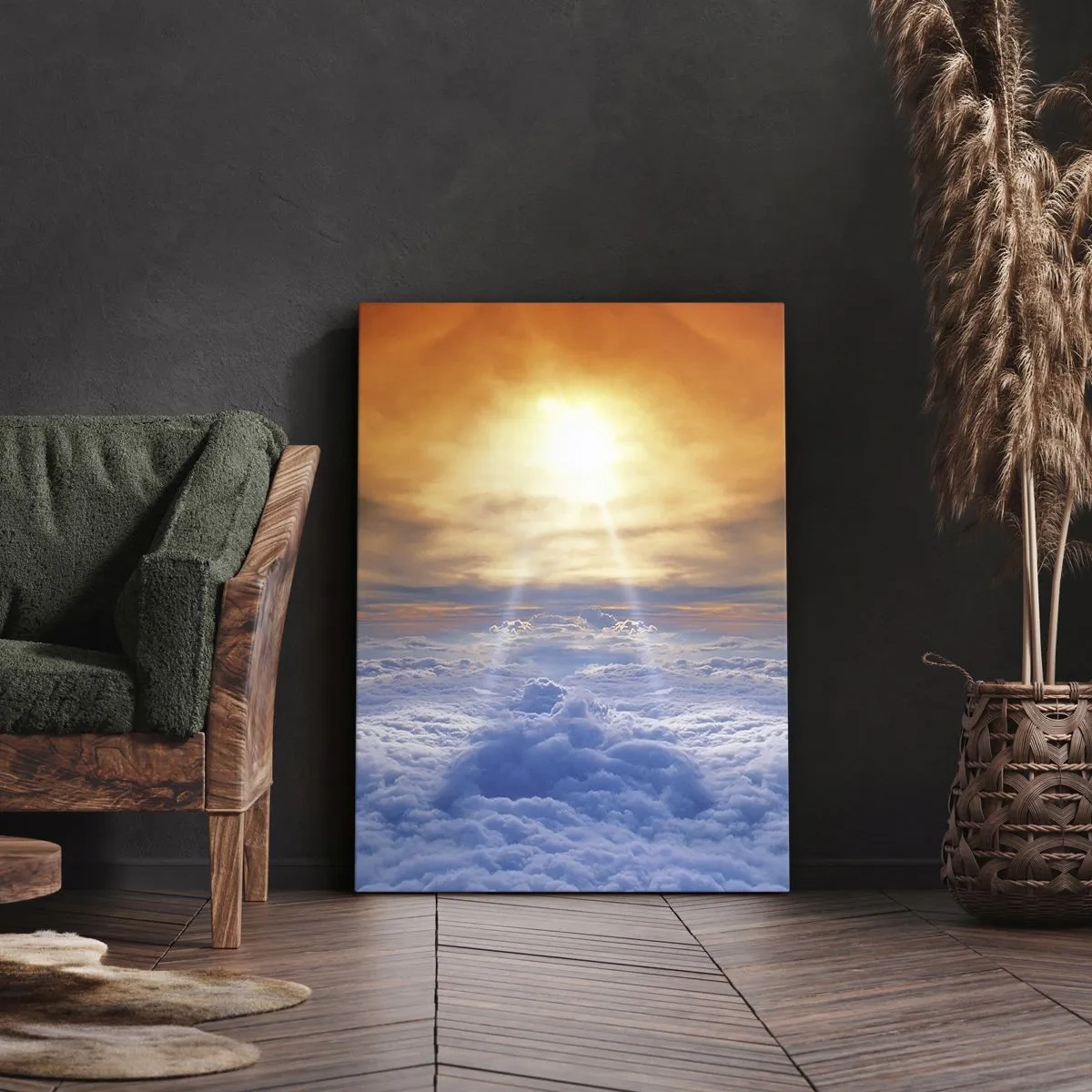 Impression sur toile - Image sur toile - Coucher de soleil au dessus des nuages, le ciel plein de couleurs dorées et de lumière. - 80x120cm - Paysage mystique - Décoration murale moderne pour le salon et la chambre ARTTOR