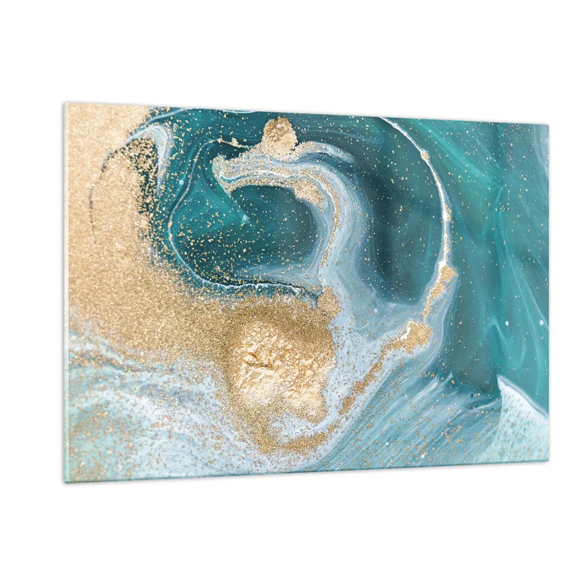 Impression sur verre - Image sur verre - De l'or sur des vagues turquoise dans un style abstrait - 120x80cm - Tourbillon d'or et de turquoise - Décoration murale moderne pour le salon et la chambre ARTTOR