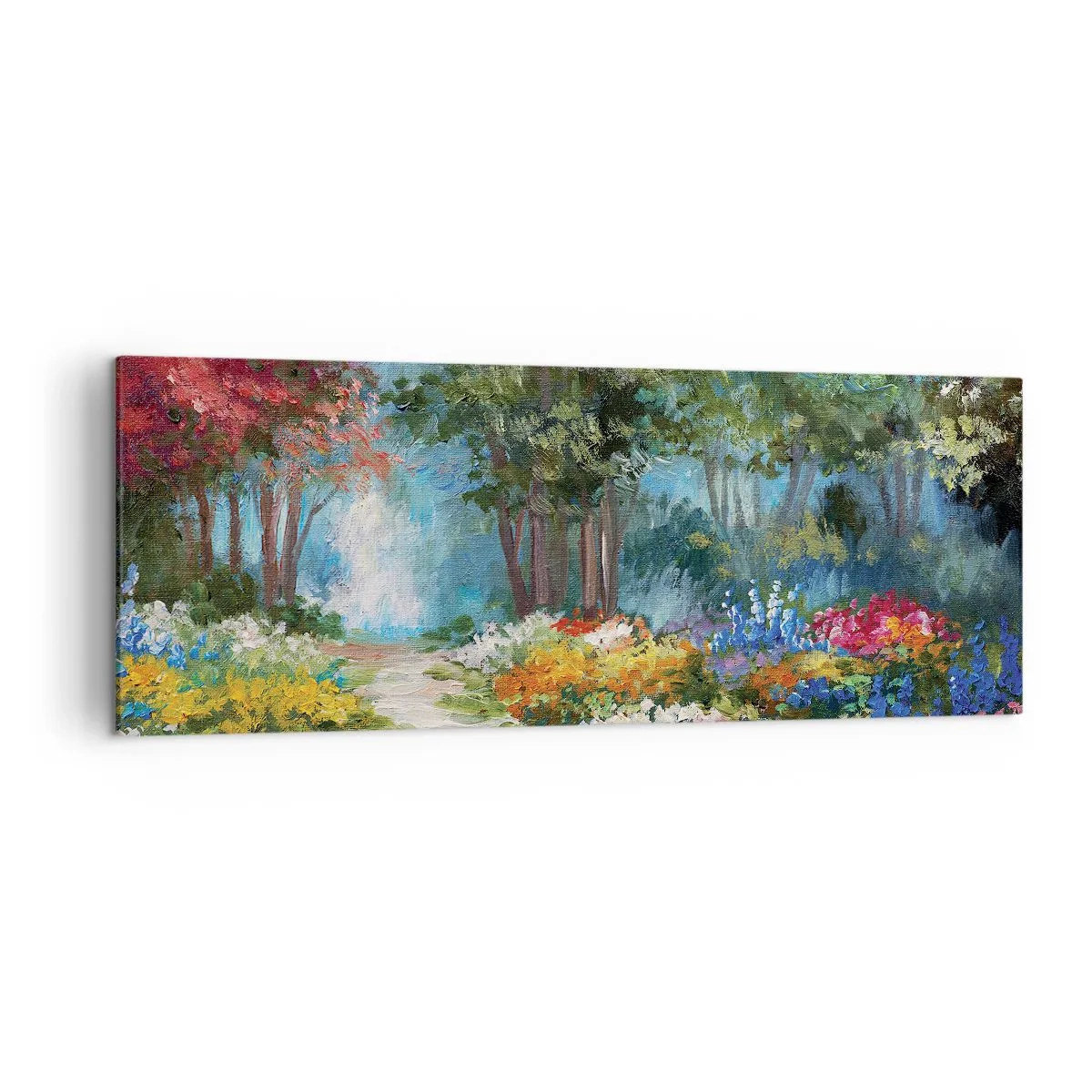 Impression sur toile - Image sur toile - Un jardin pittoresque rempli de fleurs et d'arbres colorés dans un cadre forestier - 140x50cm - Jardin forestier, forêt de fleurs - Décoration murale moderne pour le salon et la chambre ARTTOR