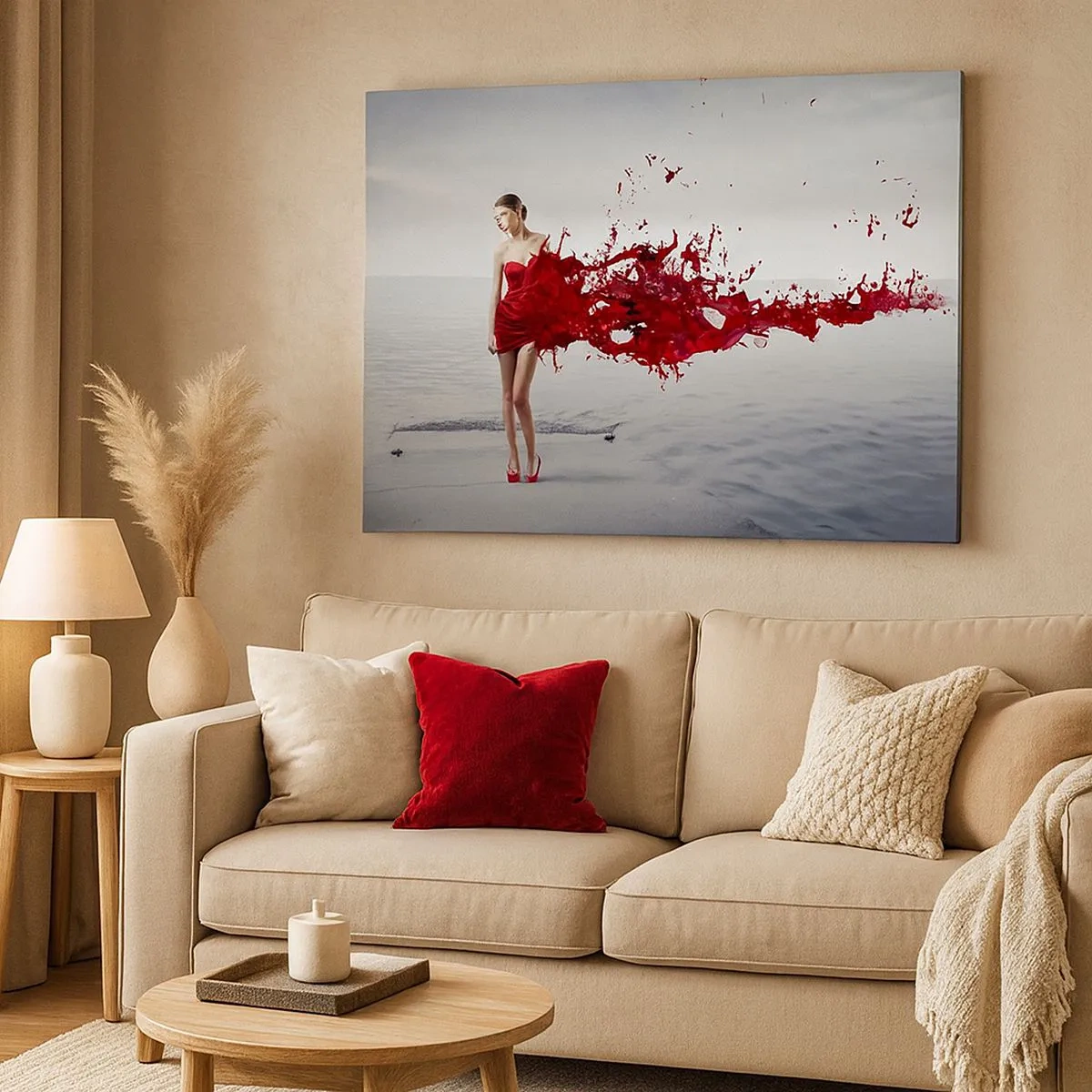 Impression sur toile - Image sur toile - Une femme en robe rouge dans une composition artistique au bord de l'eau - 70x50cm - Passionné comme l'écarlate - Décoration murale moderne pour le salon et la chambre ARTTOR
