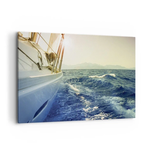 Impression sur toile - Image sur toile - Un yacht en pleine mer avec vue sur les vagues - 120x80cm - Suite à l'aventure - Décoration murale moderne pour le salon et la chambre ARTTOR