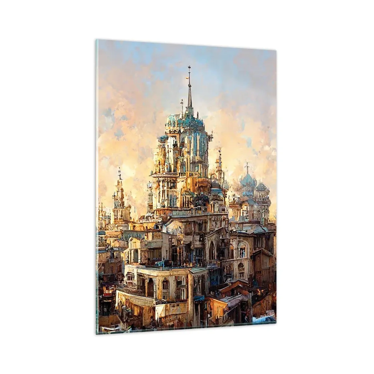 Impression sur verre - Image sur verre - Tours architecturales dans les rayons du soleil couchant - 80x120cm - Ville des villes - Décoration murale moderne pour le salon et la chambre ARTTOR