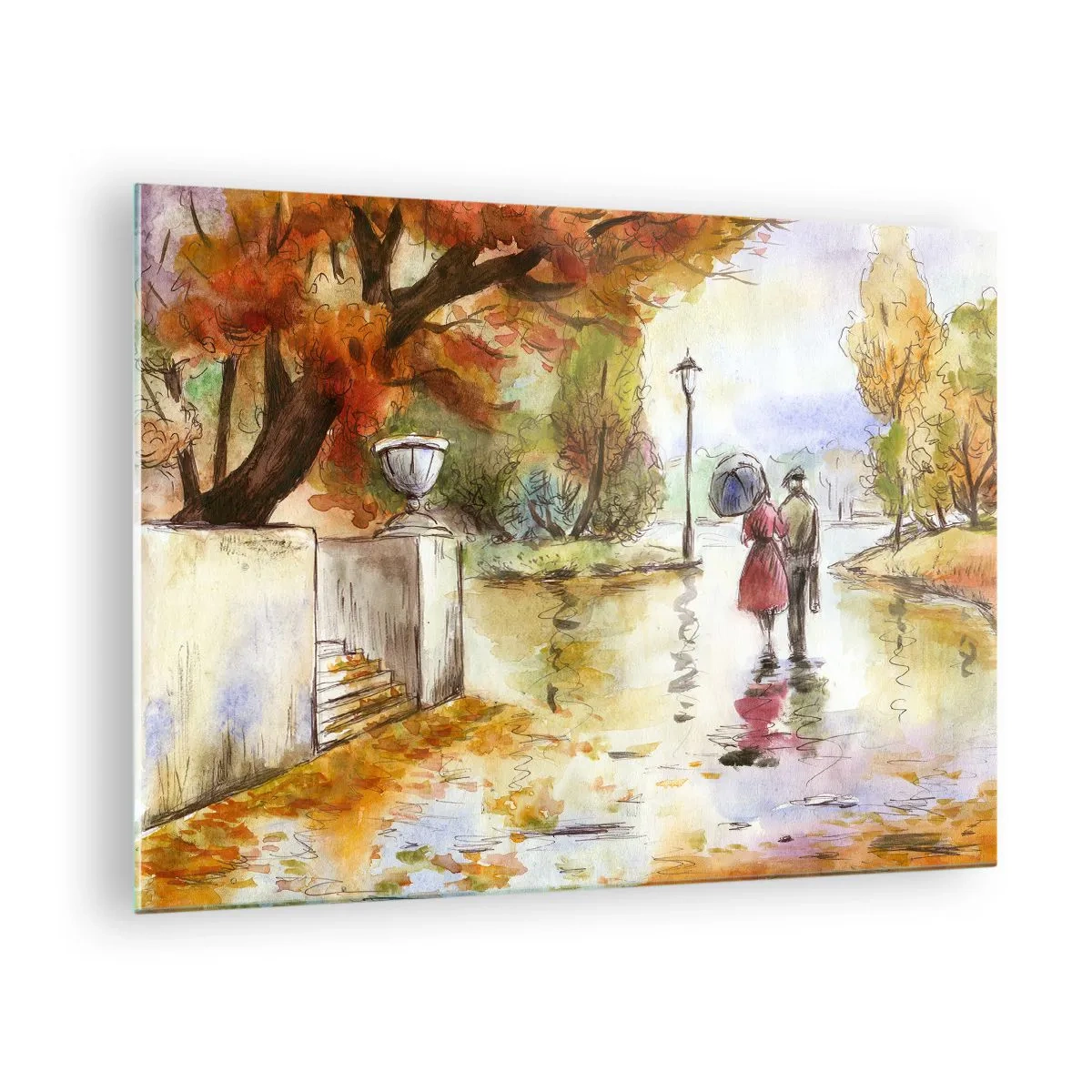 Impression sur verre - Image sur verre - Promenade d'automne d'un couple dans un parc aux feuilles colorées - 70x50cm - Automne romantique dans le parc - Décoration murale moderne pour le salon et la chambre ARTTOR