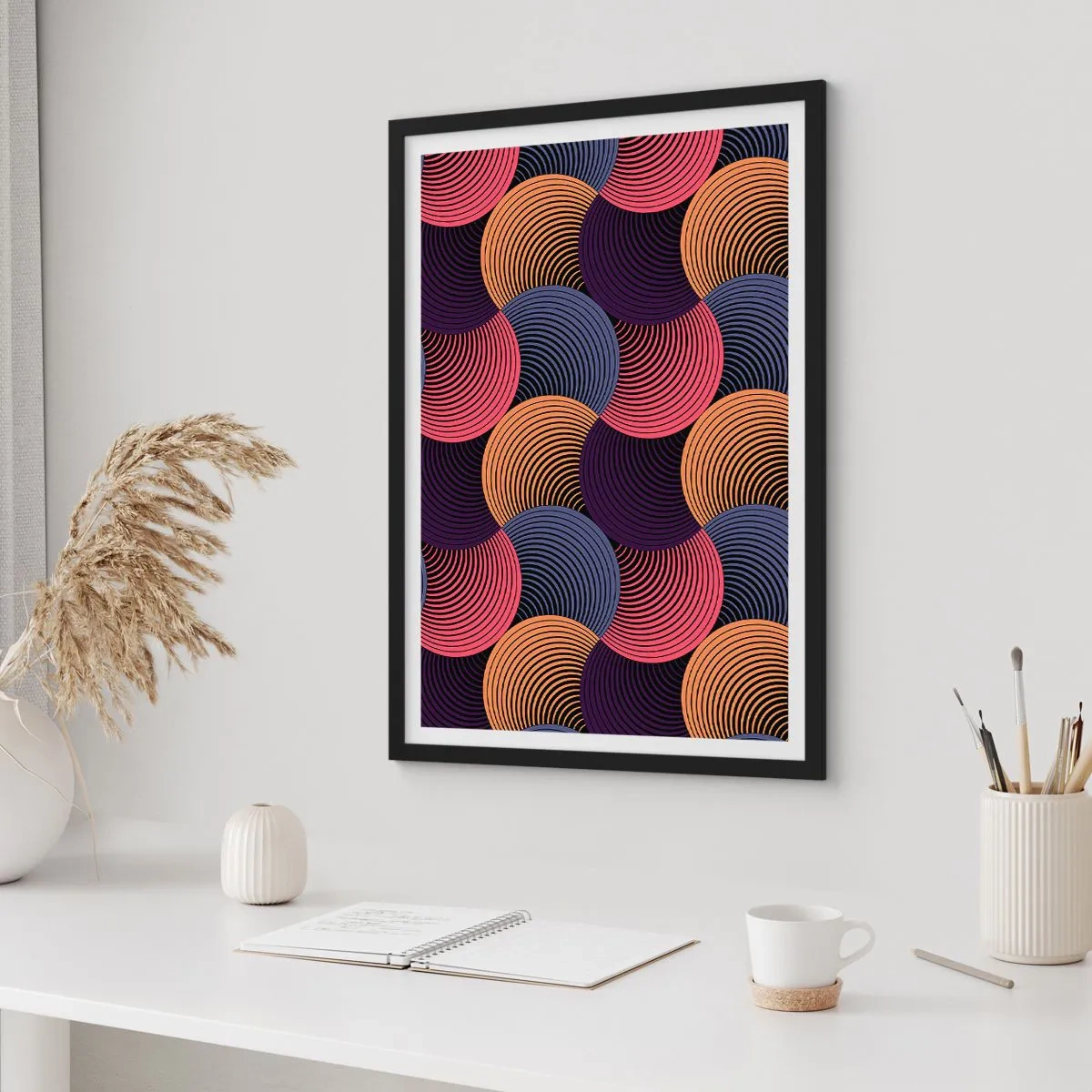 Affiche dans un cadre noir - Poster - Motif géométrique avec des cercles concentriques colorés - 50x70cm - Dans un rythme circulaire - Décoration murale moderne pour le salon et la chambre ARTTOR
