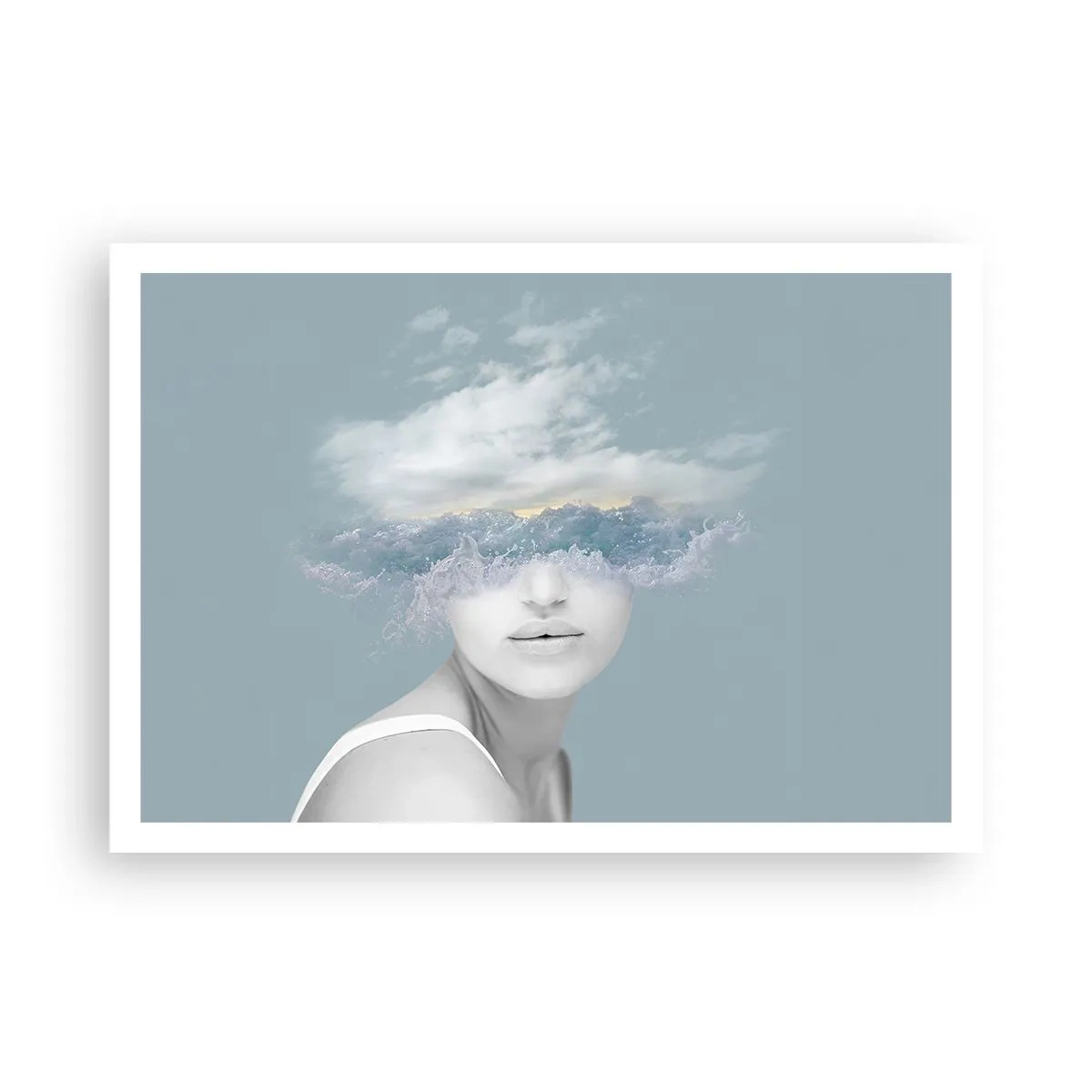 Affiche - Poster - Portrait d'une femme avec son visage caché derrière les nuages et les vagues - 100x70cm - La tête dans les nuages - Décoration murale moderne pour le salon et la chambre ARTTOR