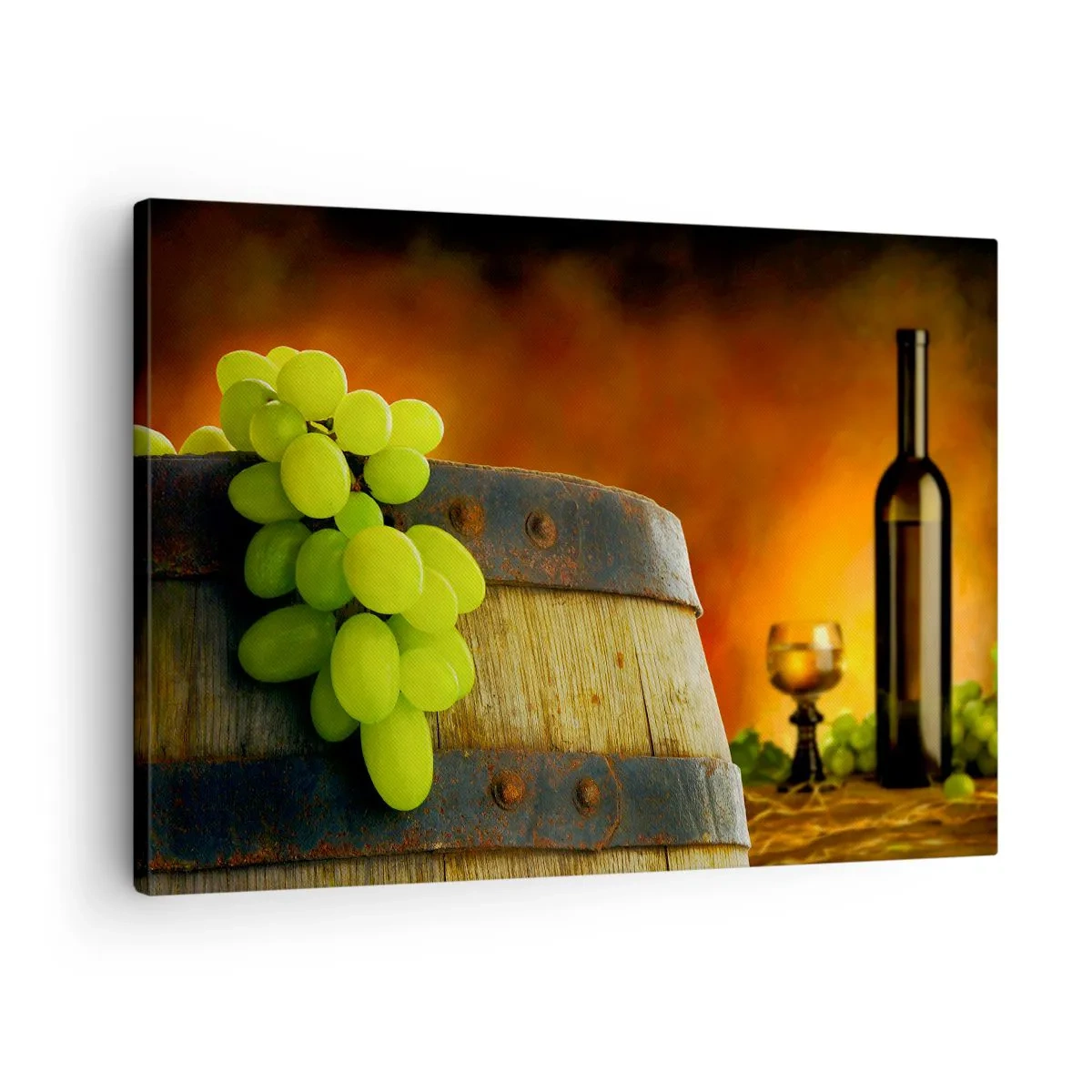 Impression sur toile - Image sur toile - Raisins sur un tonneau de vin avec une palette de couleurs chaudes en arrière-plan - 70x50cm - Nature morte avec une bouteille de vin et une grappe de raisin