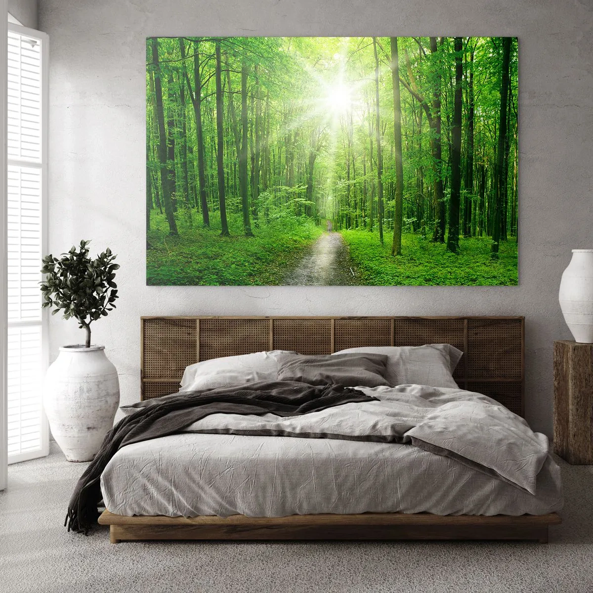 Impression sur verre - Image sur verre - Un chemin dans la forêt éclairé par les rayons du soleil - 70x50cm - Cathédrale verte - Décoration murale moderne pour le salon et la chambre ARTTOR