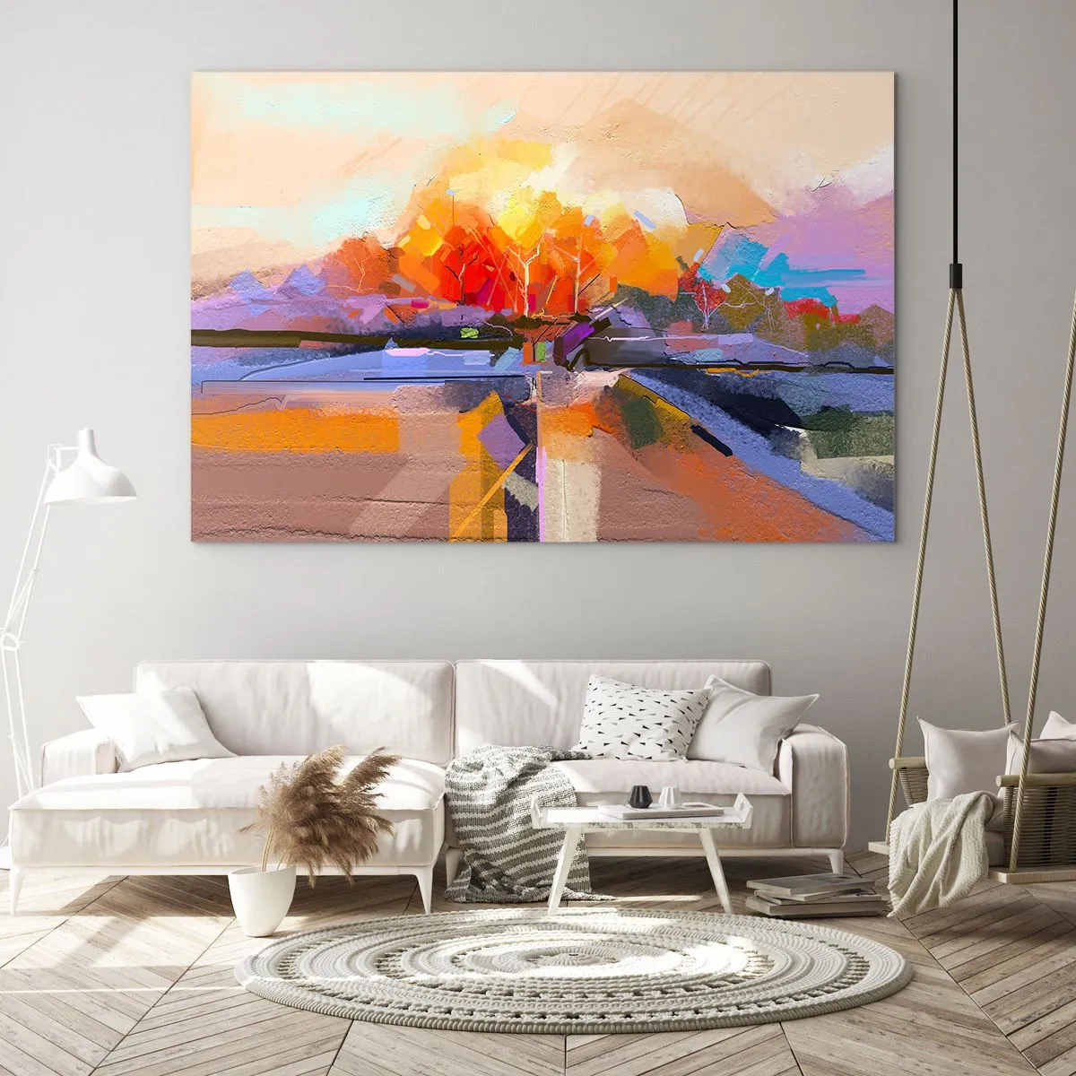 Impression sur verre - Image sur verre - Paysage abstrait avec un coucher de soleil et des champs colorés - 70x50cm - L'automne est arrivé - Décoration murale moderne pour le salon et la chambre ARTTOR