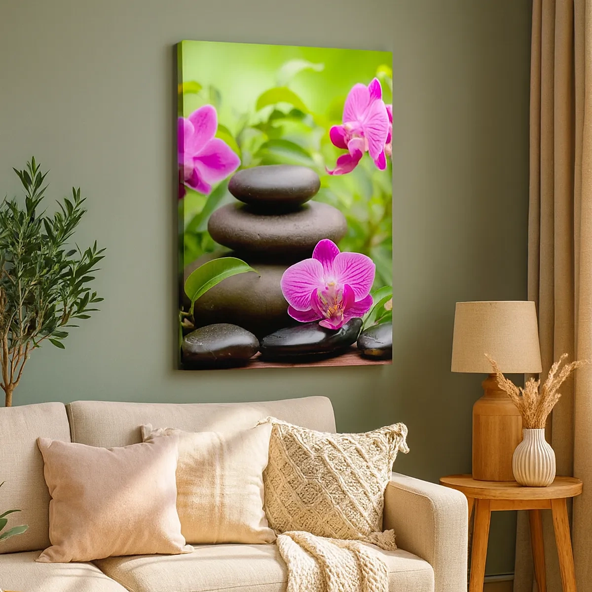 Impression sur toile - Image sur toile - Orchidées roses avec des pierres sur fond vert - 50x70cm - Pyramide de la Paix - Décoration murale moderne pour le salon et la chambre ARTTOR
