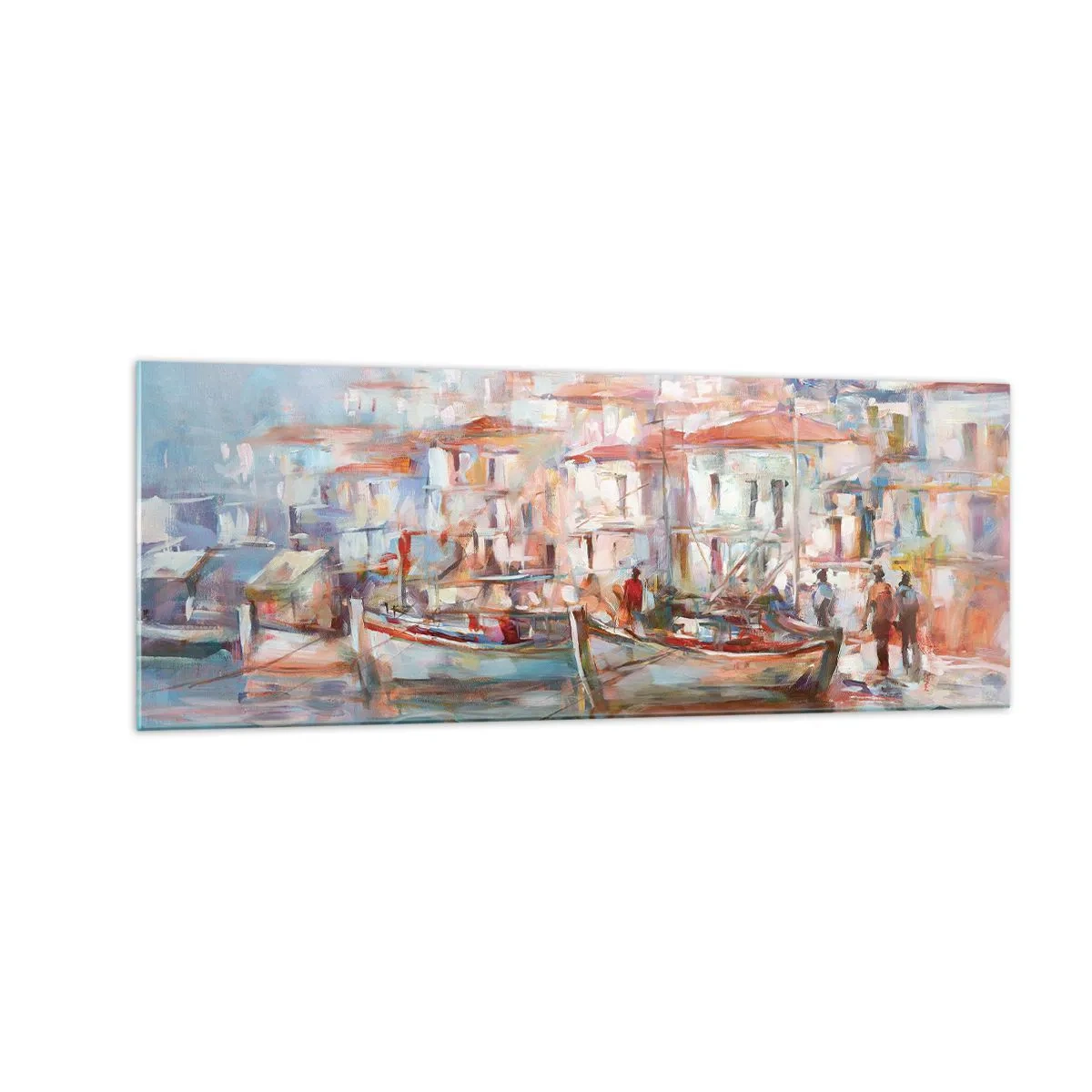 Impression sur verre - Image sur verre - Impression de port avec bateaux et bâtiments - 140x50cm - Vacances pastelles - Décoration murale moderne pour le salon et la chambre ARTTOR