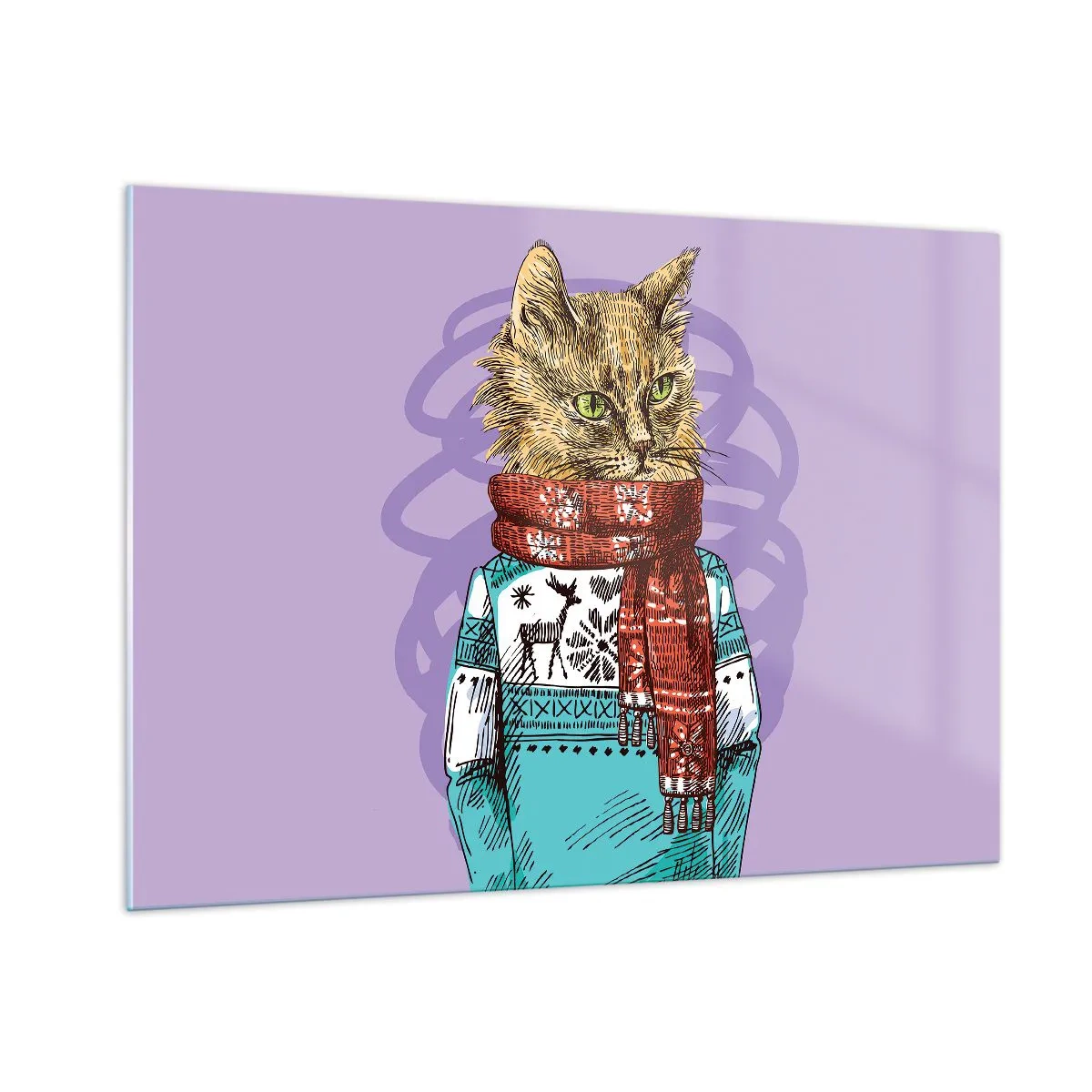 Impression sur verre - Image sur verre - Un chat en pull et écharpe sur fond violet - 100x70cm - Le chat, pas uniquement dans les chaussures - Décoration murale moderne pour le salon et la chambre ARTTOR