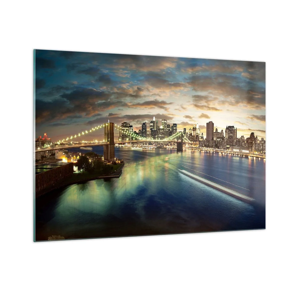 Impression sur verre - Image sur verre - Vue du pont et de la ville au coucher du soleil - 100x70cm - Une soirée lumineuse sur Manhattan - Décoration murale moderne pour le salon et la chambre ARTTOR