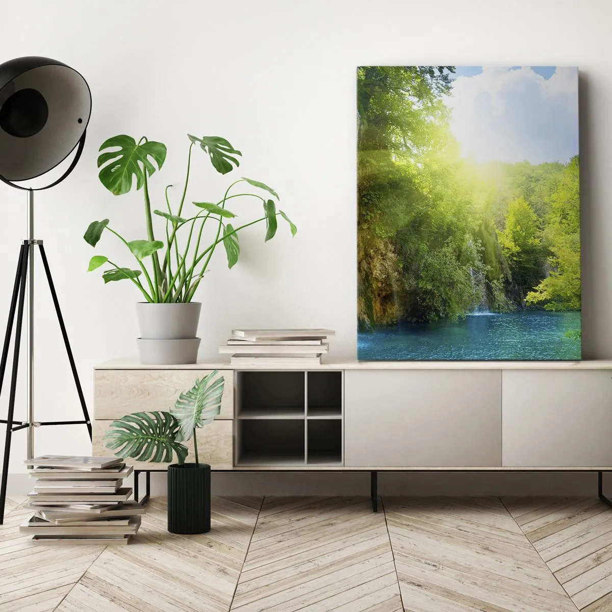 Impression sur toile - Image sur toile - Une cascade se jetant dans un lac turquoise entouré de verdure - 50x70cm - Ce doit être le paradis ici - Décoration murale moderne pour le salon et la chambre ARTTOR