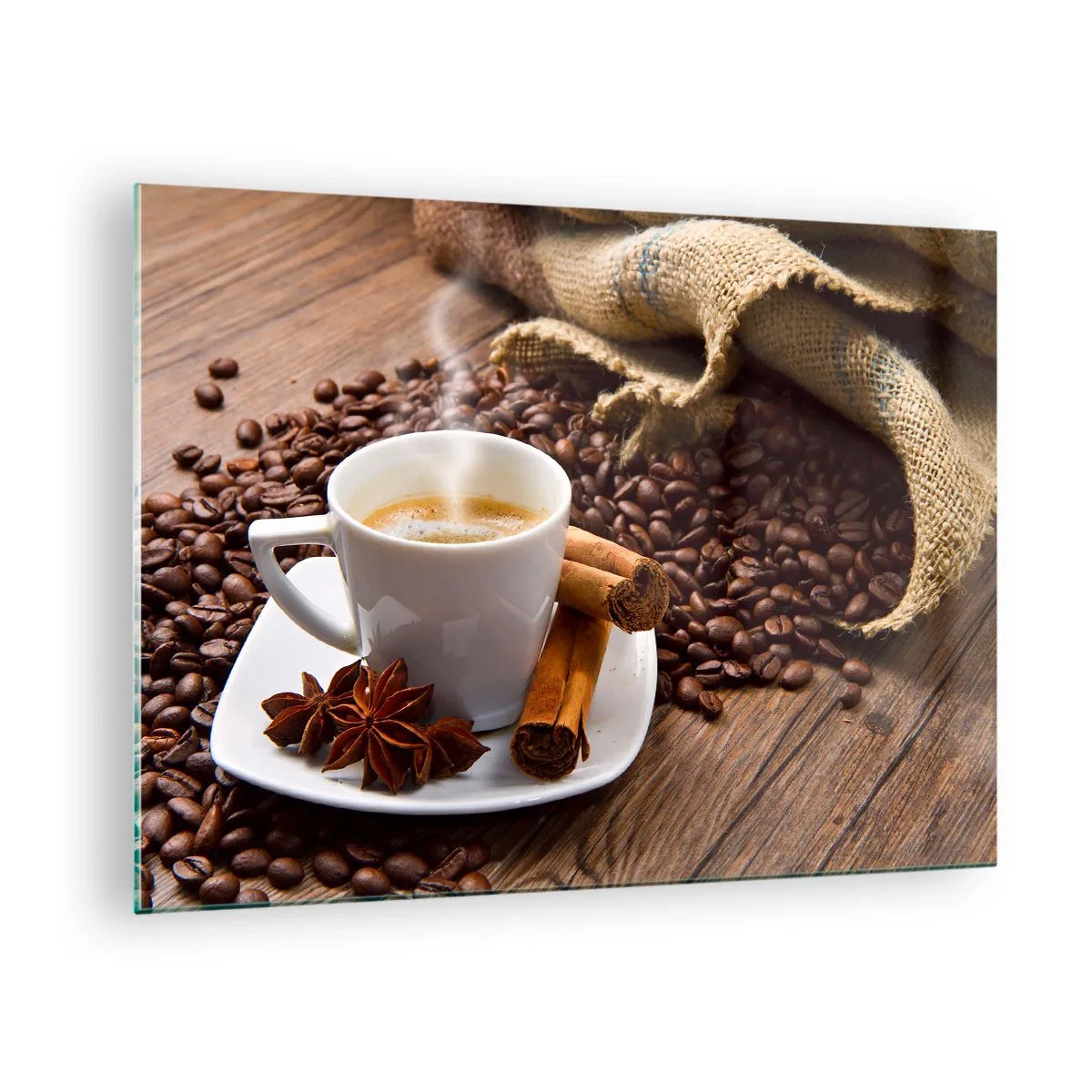 Impression sur verre - Image sur verre - Une tasse de café avec de la cannelle et des grains de café sur une table en bois - 70x50cm - Saveur et arôme épicés - Décoration murale moderne pour le salon et la chambre ARTTOR