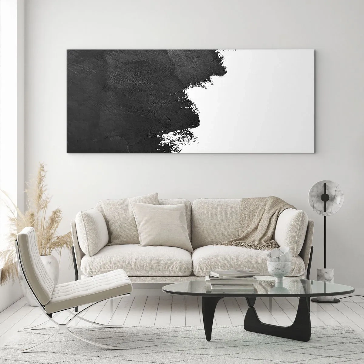 Impression sur verre - Image sur verre - Abstraction en noir et blanc avec des coups de pinceau contrastés - 120x50cm - Éléments : terre - Décoration murale moderne pour le salon et la chambre ARTTOR