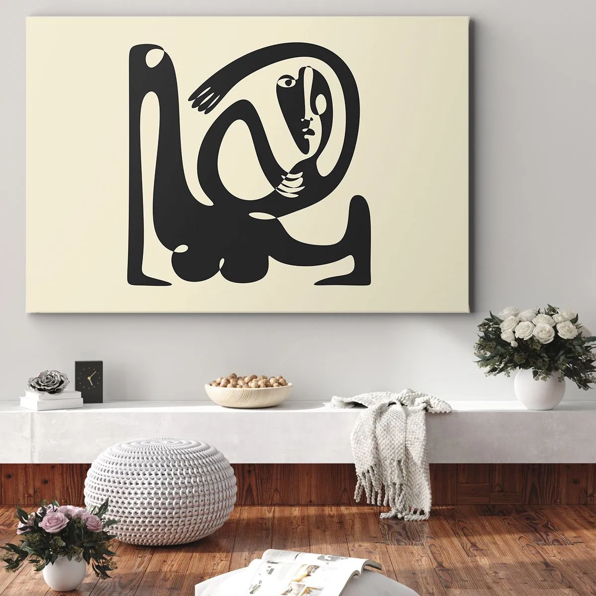 Impression sur toile - Image sur toile - Une figure abstraite en noir sur fond beige - 120x80cm - Presque du Picasso - Décoration murale moderne pour le salon et la chambre ARTTOR