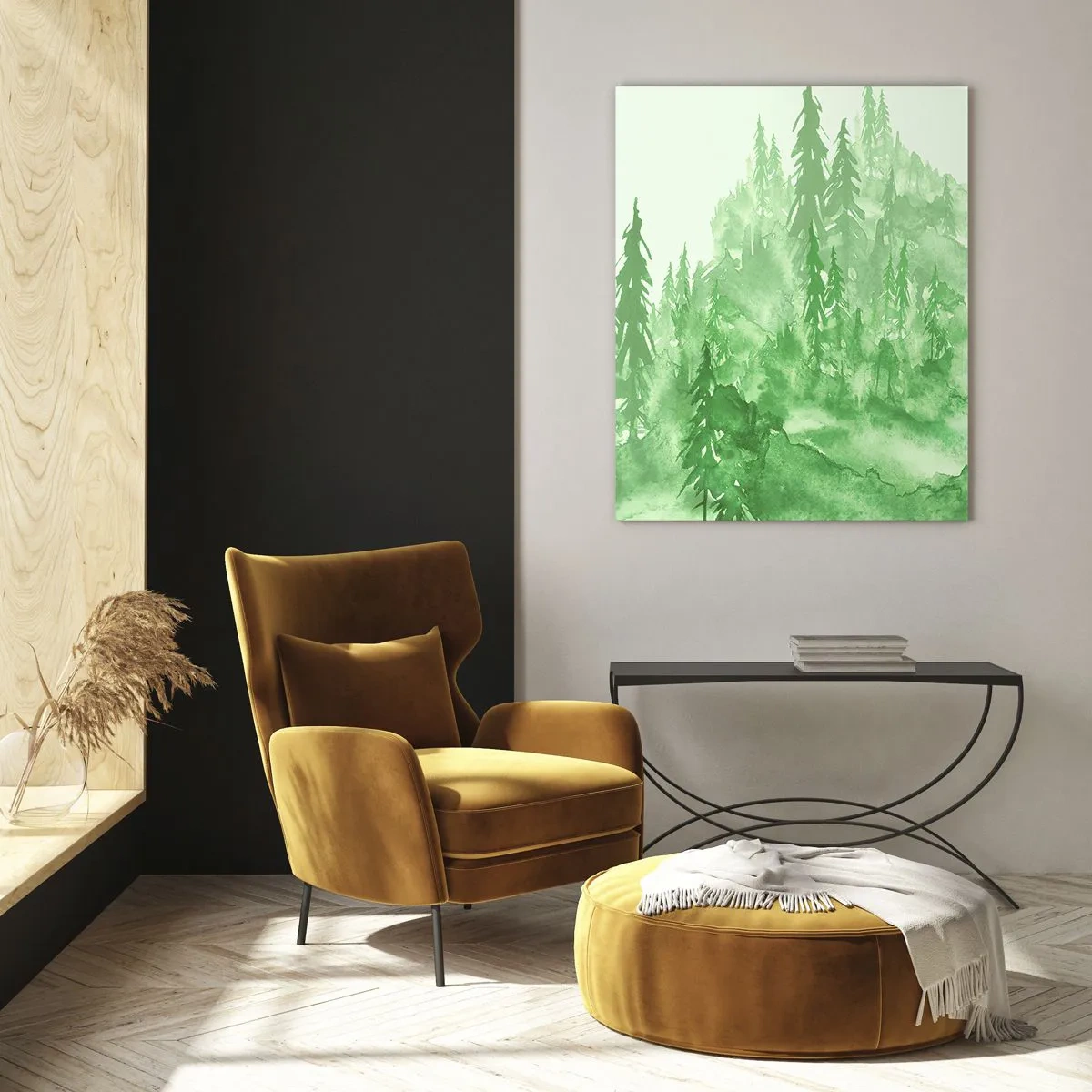 Impression sur verre - Image sur verre - Forêt verte dans un style aquarelle sur un fond clair - 80x120cm - Flou de brouillard vert - Décoration murale moderne pour le salon et la chambre ARTTOR
