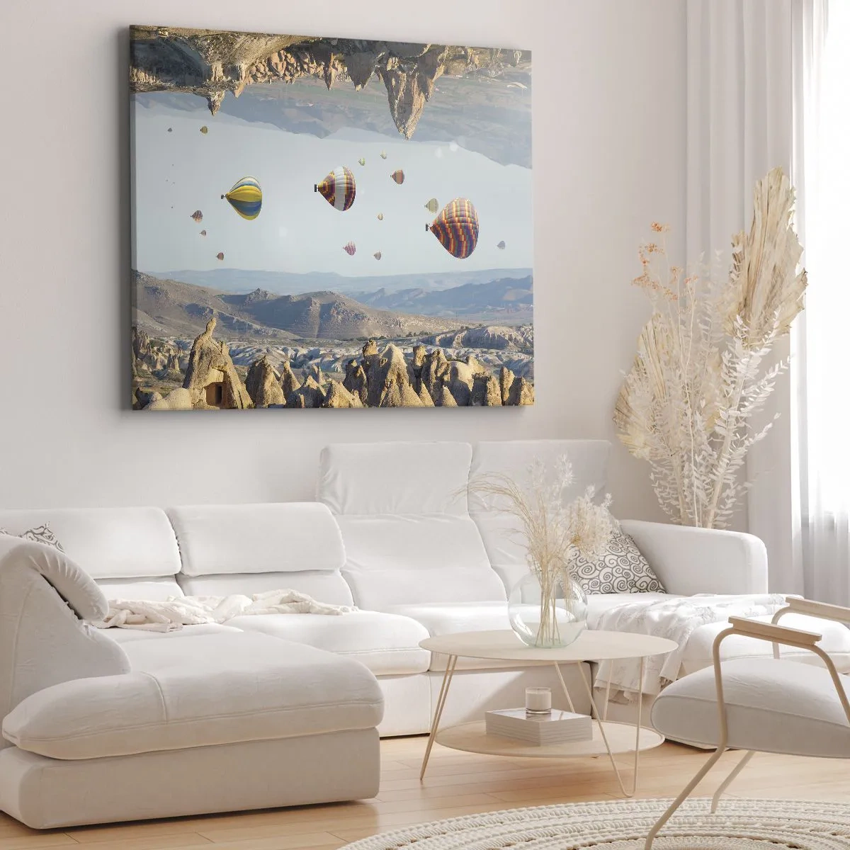 Impression sur toile - Image sur toile - Ballons colorés au-dessus d'un paysage rocheux - 100x70cm - Ici, tout est possible - Décoration murale moderne pour le salon et la chambre ARTTOR