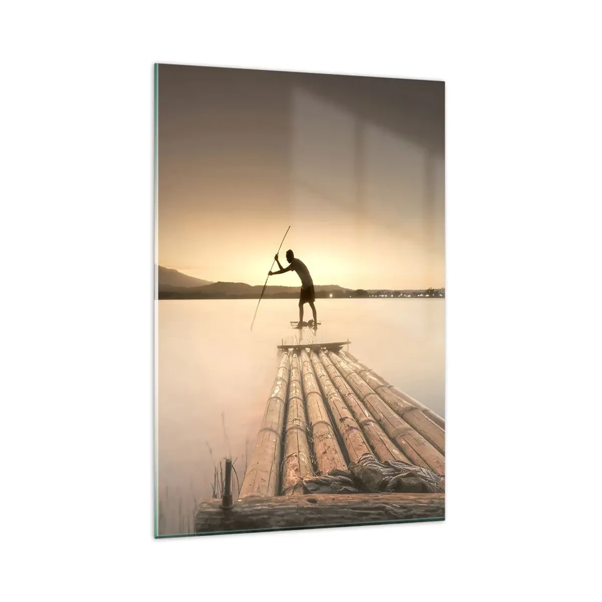Impression sur verre - Image sur verre - Homme sur un radeau au coucher du soleil - 80x120cm - Avant la fin du jour - Décoration murale moderne pour le salon et la chambre ARTTOR