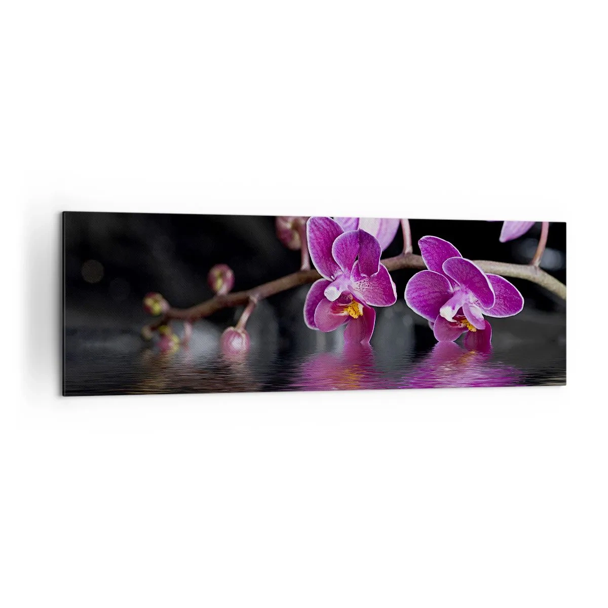 Impression sur toile - Image sur toile - Orchidées violettes sur une eau calme sur fond noir - 160x50cm - Reflet lilas de la beauté - Décoration murale moderne pour le salon et la chambre ARTTOR