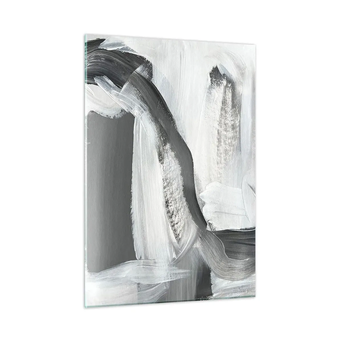 Impression sur verre - Image sur verre - Abstraction en noir et blanc avec des coups de pinceau dynamiques. - 50x70cm - Un geste décisif - Décoration murale moderne pour le salon et la chambre ARTTOR