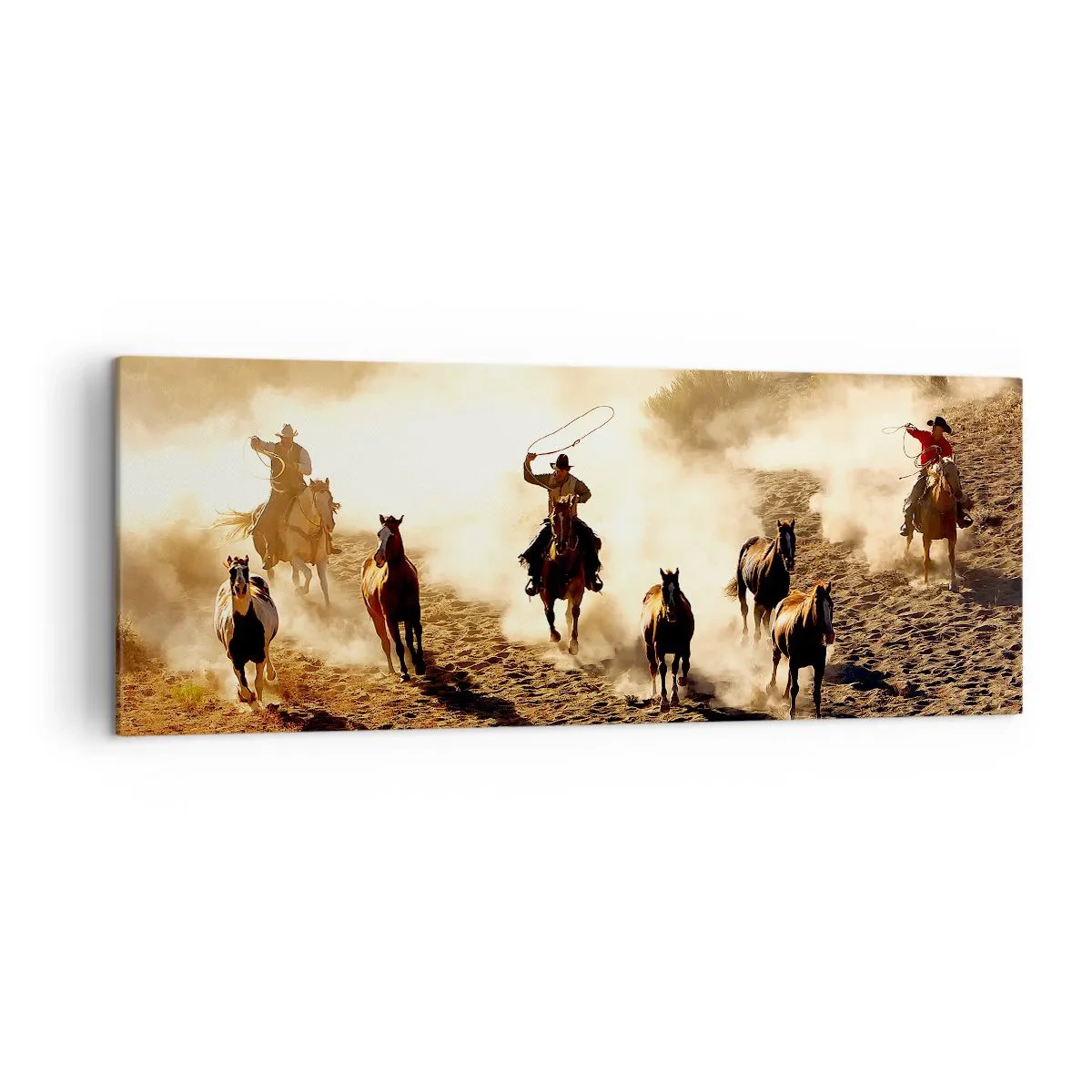 Impression sur toile - Image sur toile - Cowboys à cheval en action sur un terrain désertique - 140x50cm - L'ouest vraiment sauvage - Décoration murale moderne pour le salon et la chambre ARTTOR