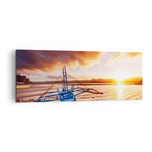 Impression sur toile - Image sur toile - Bateau bleu sur la plage au coucher du soleil - 140x50cm - Allongez-vous dans le sable après une longue journée - Décoration murale moderne pour le salon et la chambre ARTTOR