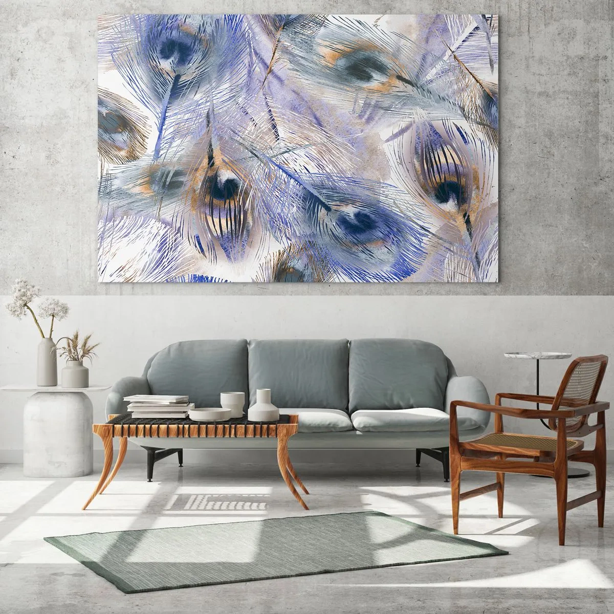 Impression sur verre - Image sur verre - Plumes de paon délicates dans des tons de bleu et de marron - 120x80cm - Composition de paon - Décoration murale moderne pour le salon et la chambre ARTTOR