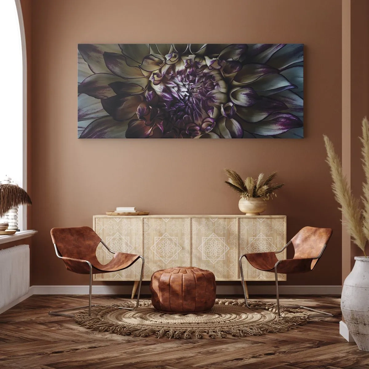 Impression sur toile - Image sur toile - Gros plan d'une fleur de dahlia dans des tons sombres - 160x50cm - L'apogée de la jeunesse - Décoration murale moderne pour le salon et la chambre ARTTOR