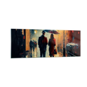 Impression sur verre - Image sur verre - Marcher sous la pluie sous un parapluie en ville la nuit - 140x50cm - Histoire d'amour urbaine - Décoration murale moderne pour le salon et la chambre ARTTOR