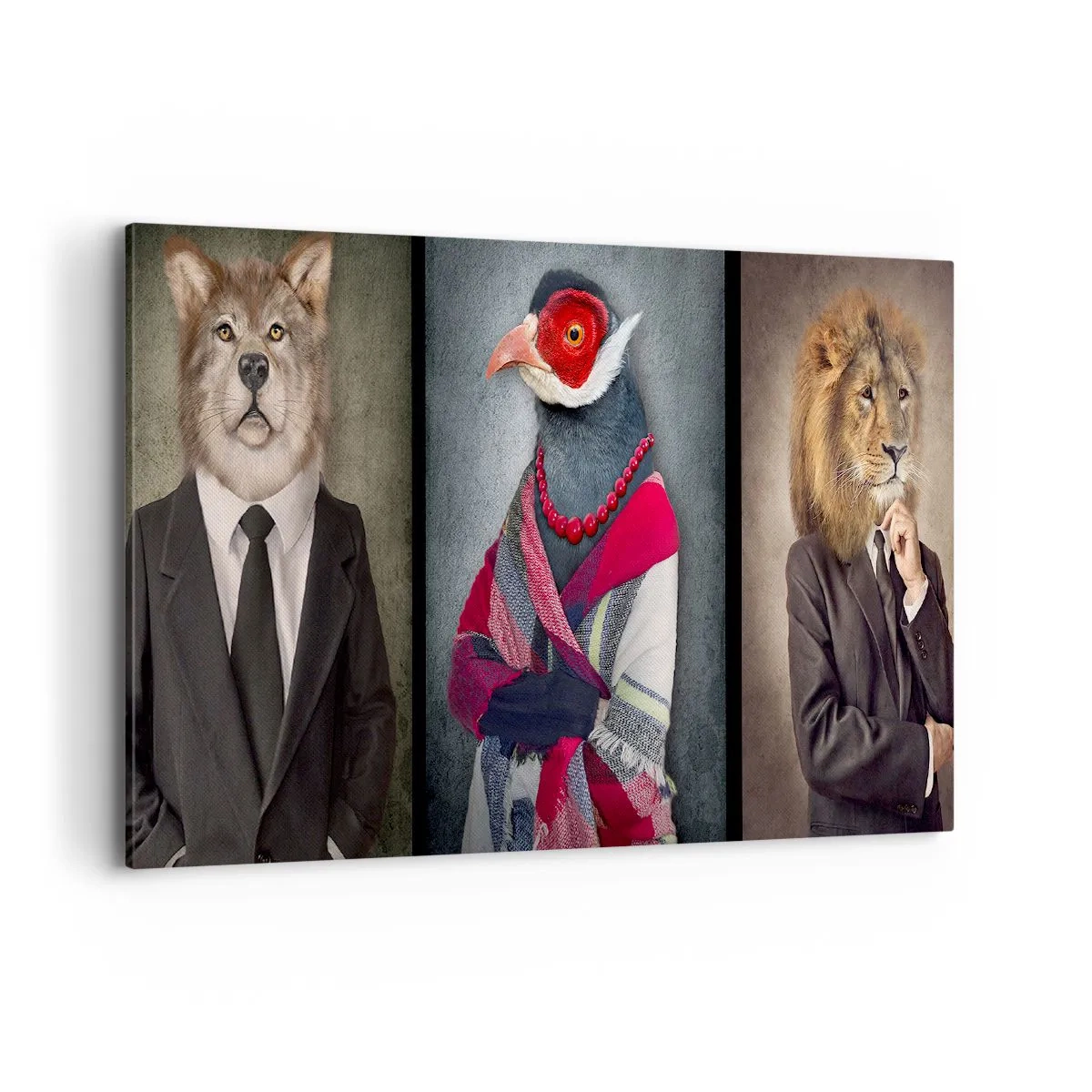 Impression sur toile - Image sur toile - Portraits stylisés d'un loup, d'un faisan et d'un lion en vêtements élégants - 100x70cm - Qu'est ce que je fais ici?! - Décoration murale moderne pour le salon et la chambre ARTTOR