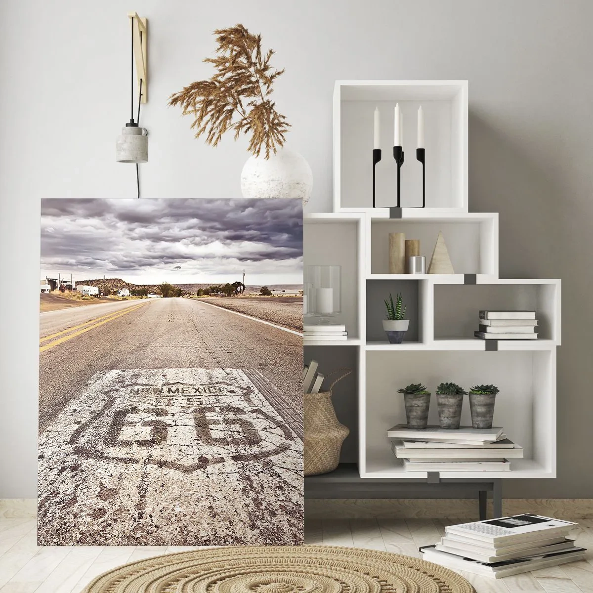 Impression sur verre - Image sur verre - Route 66 avec vue sur l'horizon - 50x70cm - Mother Road - une légende américaine - Décoration murale moderne pour le salon et la chambre ARTTOR
