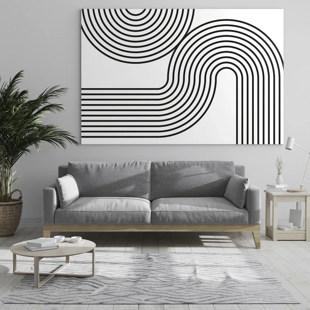 Impression sur verre - Image sur verre - Graphiques en noir et blanc avec des lignes parallèles courbes - 70x50cm - En plein virage - Décoration murale moderne pour le salon et la chambre ARTTOR