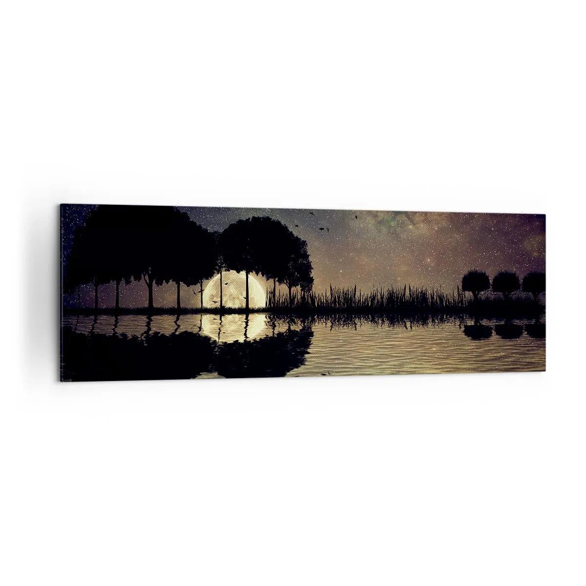 Impression sur toile - Image sur toile - Une nuit magique avec des arbres et la lune se reflétant sur l'eau - 160x50cm - Nuit au bout du monde - Décoration murale moderne pour le salon et la chambre ARTTOR