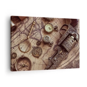 Impression sur toile - Image sur toile - Objets anciens sur une vieille carte dans un style rétro - 70x50cm - L'aventure appelle - Décoration murale moderne pour le salon et la chambre ARTTOR