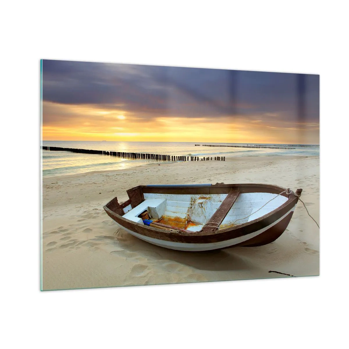 Impression sur verre - Image sur verre - Un bateau sur une plage de sable au lever du soleil - 100x70cm - Il n'y a pas de plus belles plages - Décoration murale moderne pour le salon et la chambre ARTTOR