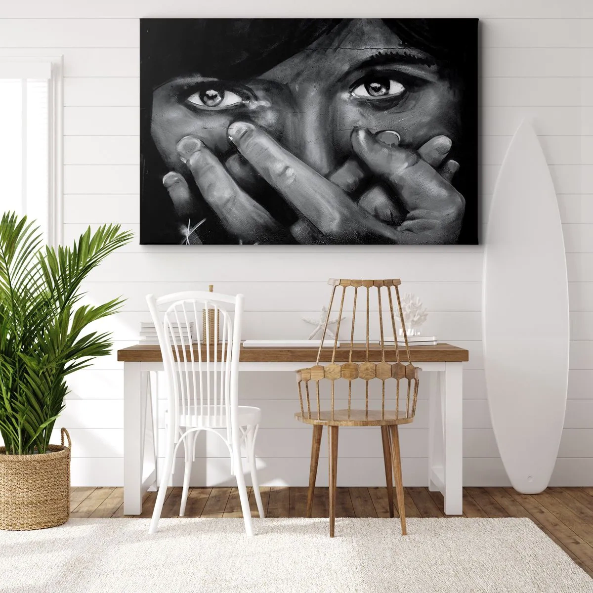Impression sur toile - Image sur toile - Portrait en noir et blanc d'une femme se couvrant le visage avec ses mains. - 120x80cm - Je ne dirai pas qui a peint - Décoration murale moderne pour le salon et la chambre ARTTOR