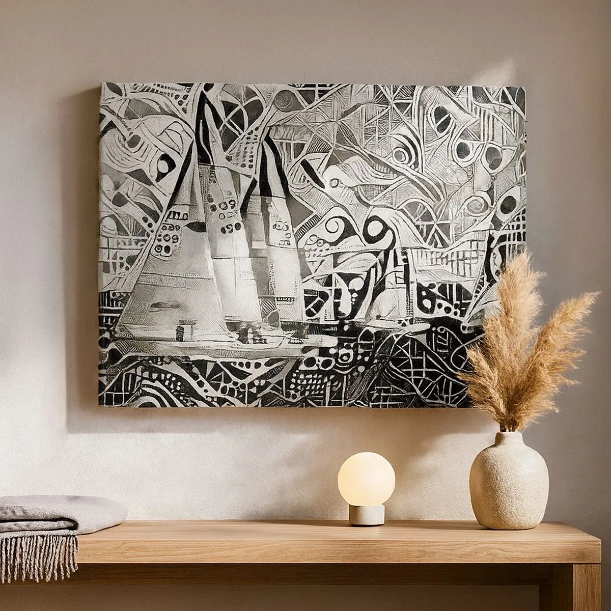 Impression sur toile - Image sur toile - Voiliers abstraits dans une composition monochrome - 70x50cm - Entre les vagues - Décoration murale moderne pour le salon et la chambre ARTTOR