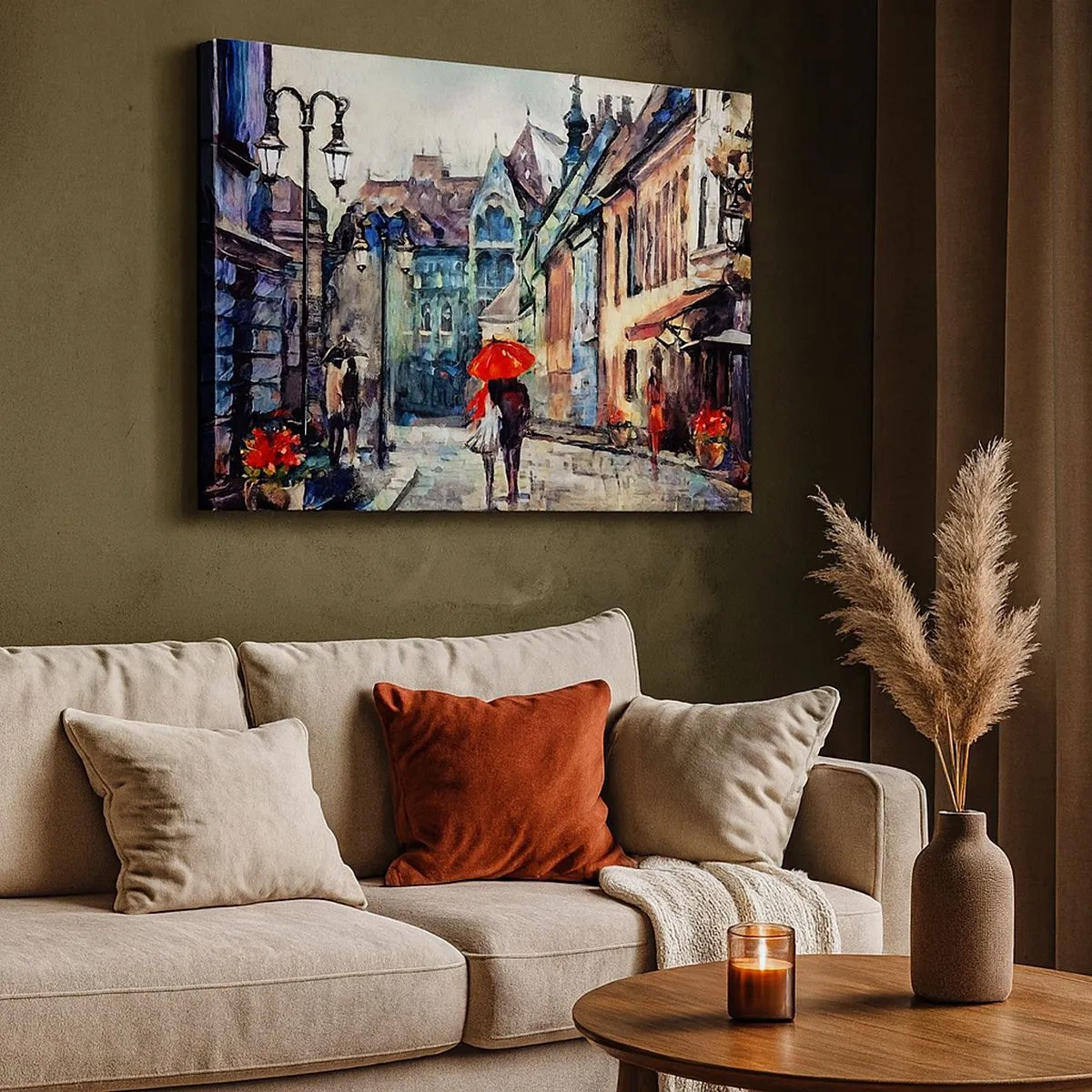 Impression sur toile - Image sur toile - Une charmante rue de la ville avec un couple sous un parapluie rouge - 70x50cm - Pluie pour deux - Décoration murale moderne pour le salon et la chambre ARTTOR