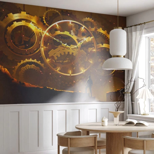 Papier Peint Photo Premium Sand - Mécanismes d'horlogerie dorés avec une figure en arrière-plan dans un style steampunk - 100x70cm - À la source du temps - Décoration murale moderne pour le salon et la chambre ARTTOR