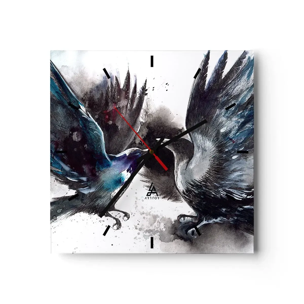 Horloge murale - Pendule murale - Corbeaux artistiques dans une composition aquarelle dynamique - 30x30cm - Le corbeau des corbeaux - Décoration murale moderne pour le salon et la chambre ARTTOR