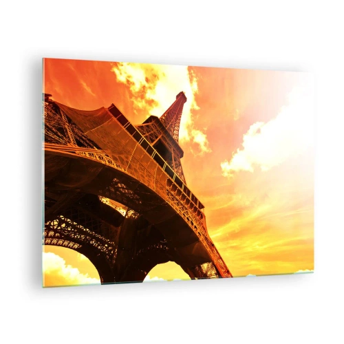 Impression sur verre - Image sur verre - La Tour Eiffel dans des tons chauds d'orange au coucher du soleil - 70x50cm - Monumental, car il est doré par le soleil - Décoration murale moderne pour le salon et la chambre ARTTOR