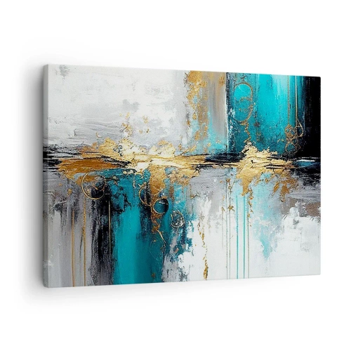 Impression sur toile - Image sur toile - Une composition abstraite aux accents turquoise et dorés. - 70x50cm - Tout coule - Décoration murale moderne pour le salon et la chambre ARTTOR