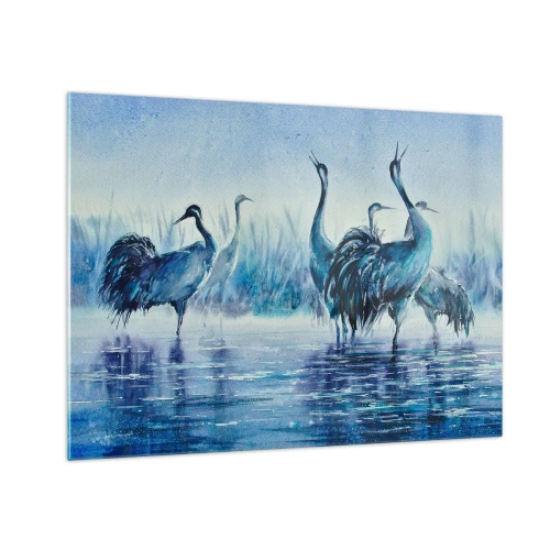Impression sur verre - Image sur verre - Oiseaux pataugeant dans l'eau bleue - 70x50cm - Réunion matinale - Décoration murale moderne pour le salon et la chambre ARTTOR