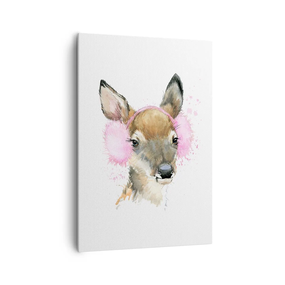 Impression sur toile - Image sur toile - Cerf aquarelle avec cache-oreilles roses - 70x100cm - Et le gel n'effraie plus - Décoration murale moderne pour le salon et la chambre ARTTOR