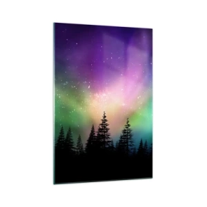 Impression sur verre - Image sur verre - Aurore boréale au-dessus d'une forêt avec un ciel étoilé - 70x100cm - Magie blanche - Décoration murale moderne pour le salon et la chambre ARTTOR