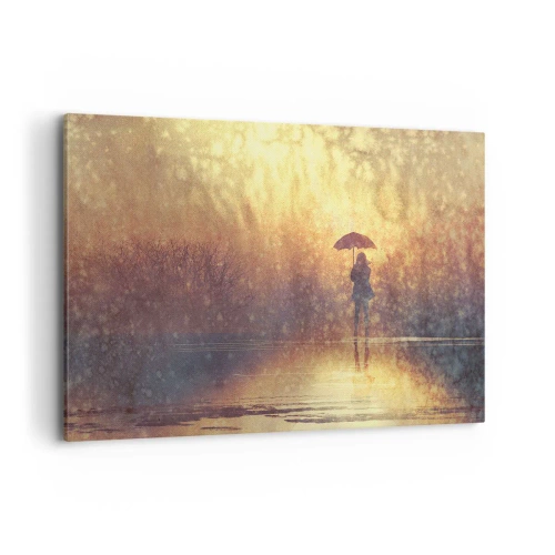 Impression sur toile - Image sur toile - Une silhouette avec un parapluie dans un paysage brumeux plein de reflets - 100x70cm - Je sens que quelqu'un me regarde - Décoration murale moderne pour le salon et la chambre ARTTOR