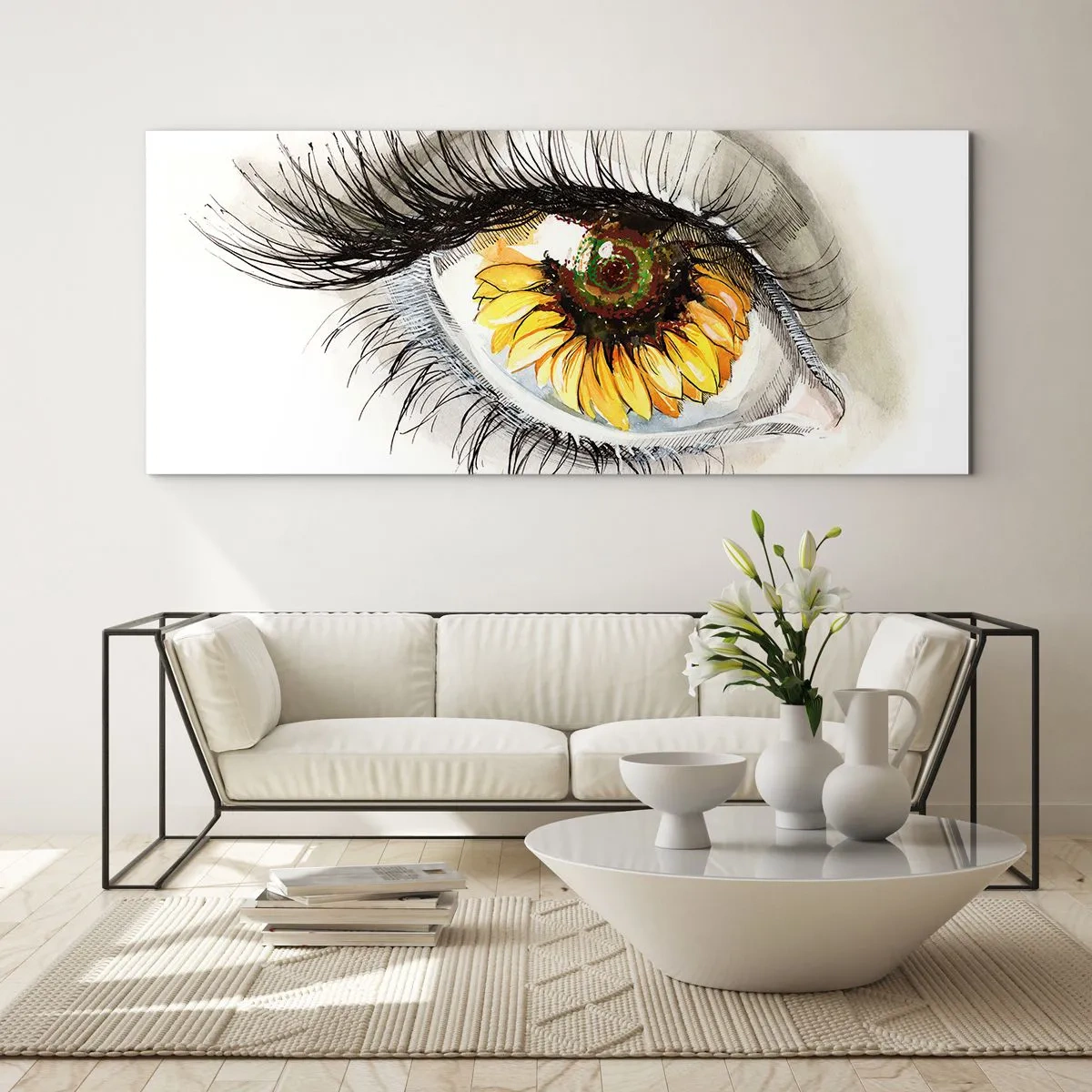 Impression sur verre - Image sur verre - Œil artistique avec un iris en forme de tournesol - 160x50cm - Un look aussi chaud que l'été - Décoration murale moderne pour le salon et la chambre ARTTOR