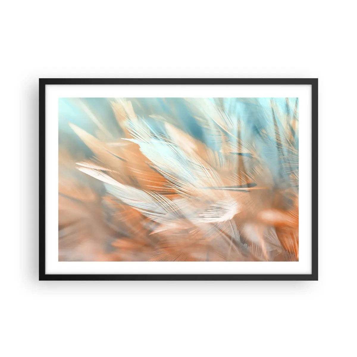 Affiche dans un cadre noir - Poster - Plumes délicates dans des tons pastel de bleu et d'orange - 70x50cm - Au pays de la douceur - Décoration murale moderne pour le salon et la chambre ARTTOR