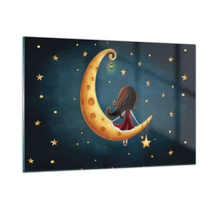 Impression sur verre - Image sur verre - Une fille sur la lune parmi les étoiles sur un fond bleu marine - 120x80cm - Il était une fois... - Décoration murale moderne pour le salon et la chambre ARTTOR